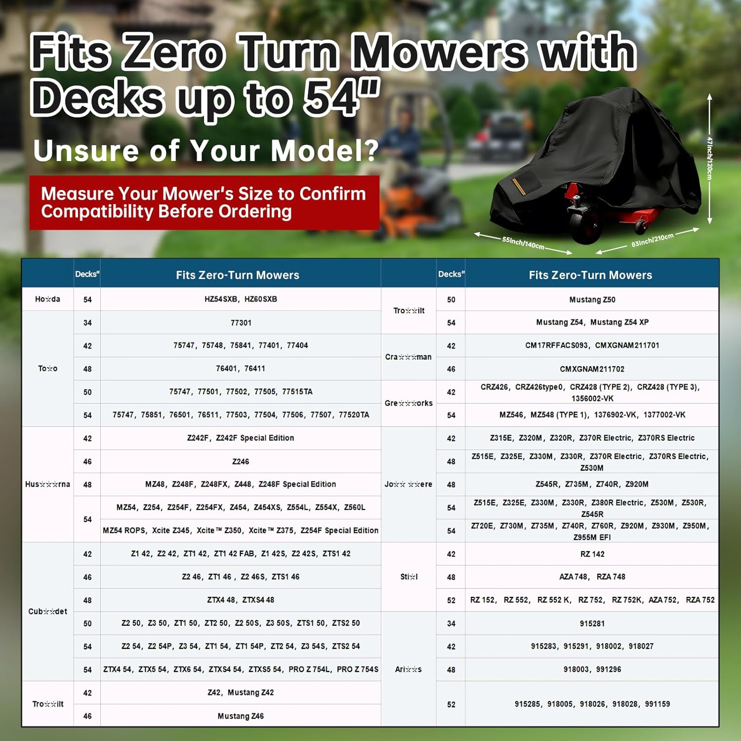 Zero Turn Mower Cover Waterproof -83"x55"x47",600D PU-Coated Oxford Fabric, Fits Decks up to 54"Zero Turn Mower (Premium Black)