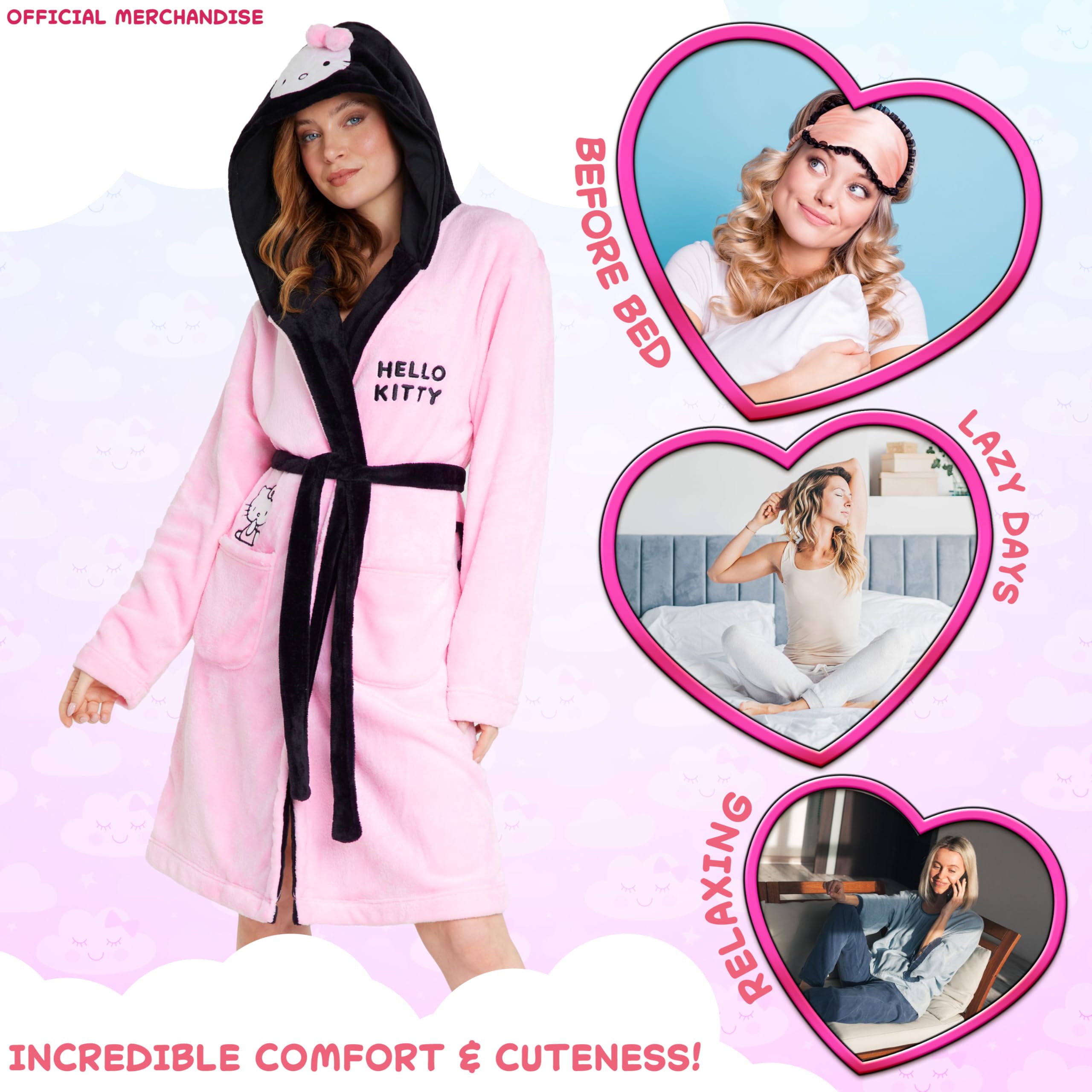 Hello Kitty Sanrio Accappatoio Donna Adolescenti con Cappuccio Pile Accogliente, Abbigliamento da Casa, Anime Regalo Donna
