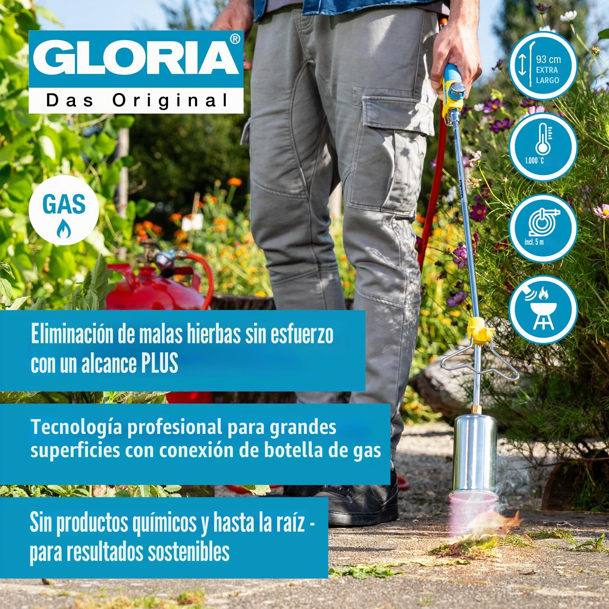 Gloria Bio Professional Plus - Juego de Quemador de Malas Hierbas a Gas, Potente y Duradero, para Grandes Superficies, conexión a Cartucho de Gas a presión, para la maleza del jardín y de los Caminos
