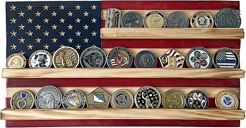 Miniatura 10 de Flags of Valor Exhibidor de monedas de desafío de la bandera estadounidense, con capacidad para 100 monedas militares, decoración de pared fabricada