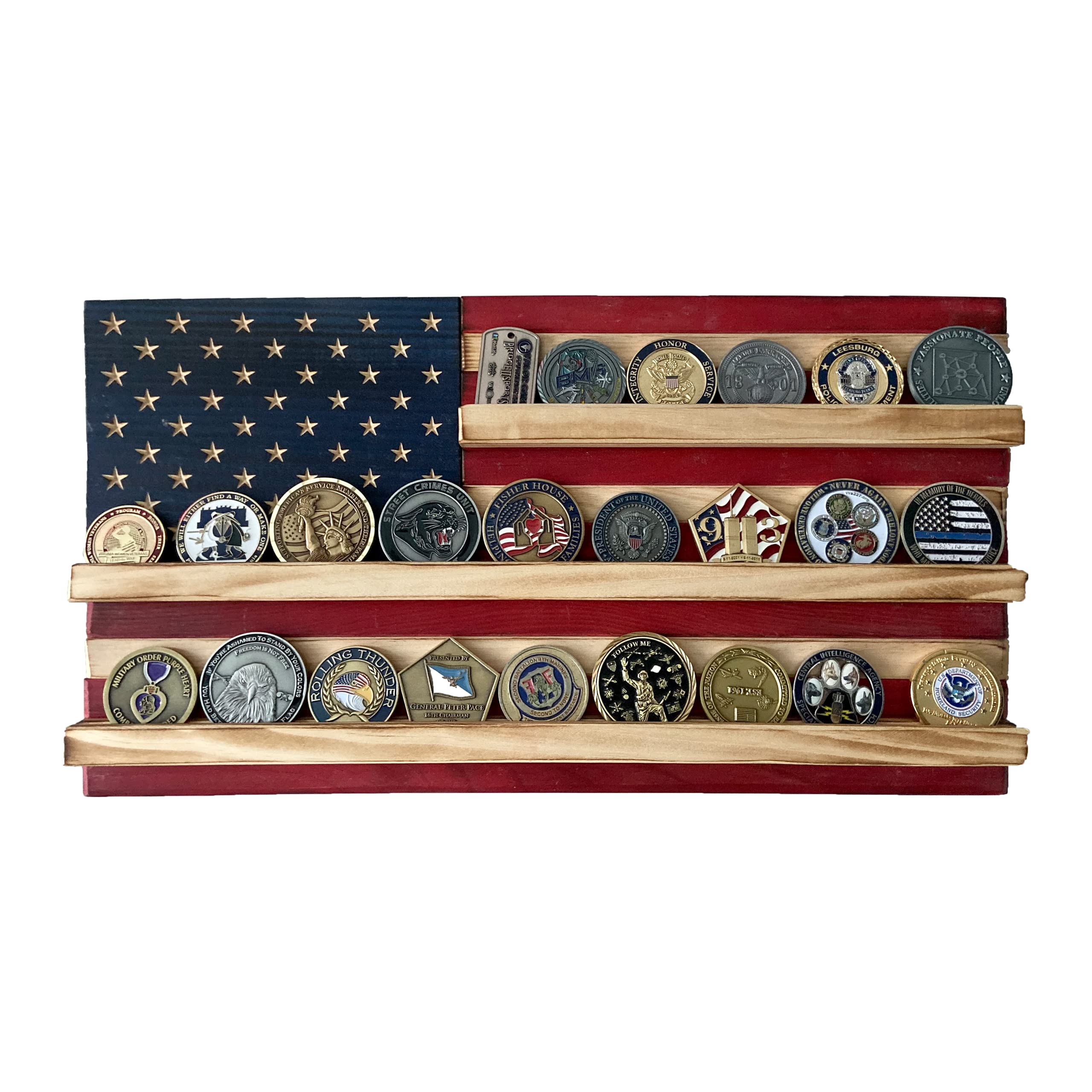 Flags of Valor American Flag Challenge Coin Display, Holds 25 Military Coins, Military Coin Holder Wall Decor Made in USA by Veterans, Ready to Hang US Flag Patriotic Art (Extra Small, 10
