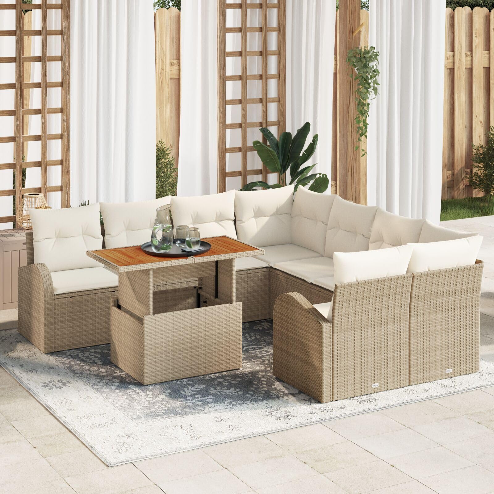 LAPOOH Set da Giardino 9 Pezzi con Cuscini Beige in polyrattan Acacia,Set da Giardino,Set da Giardino Esterno,Set di Conversazione per Patio-3349567