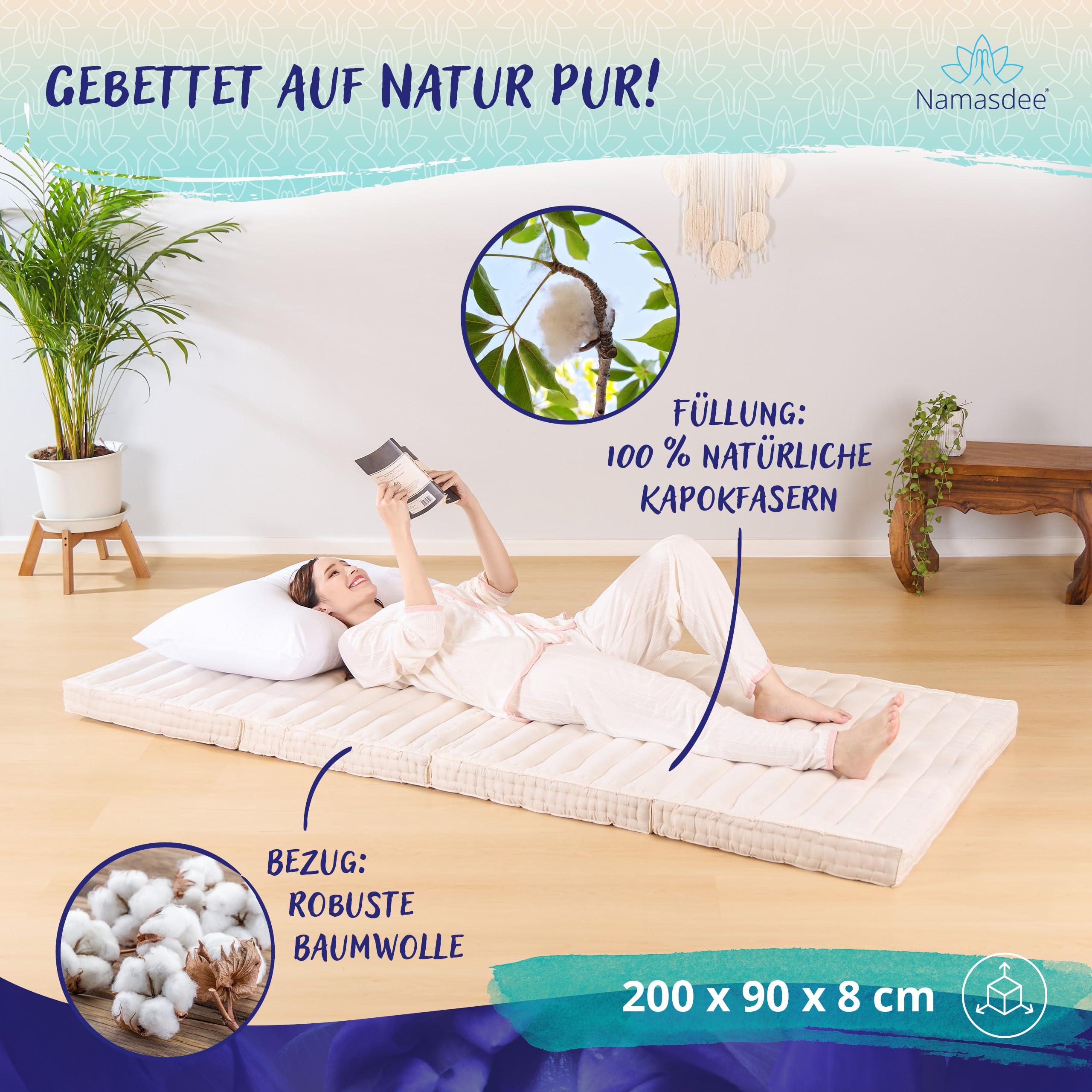 Klappmatratze 200x90x8cm mit 100% natürlicher Kapokfüllung (Weiß Uni)