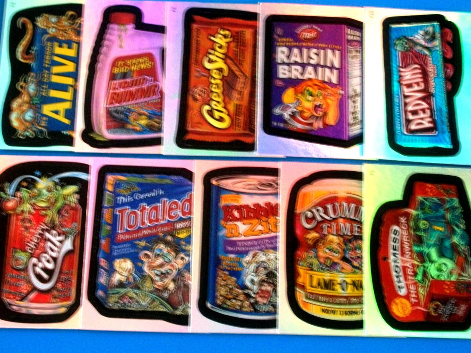ToppsWacky Packages Series 3 Complete Rainbow Foil Set of 10 Stickers -Great Product Parodies- Designed after the classic 70's sets !