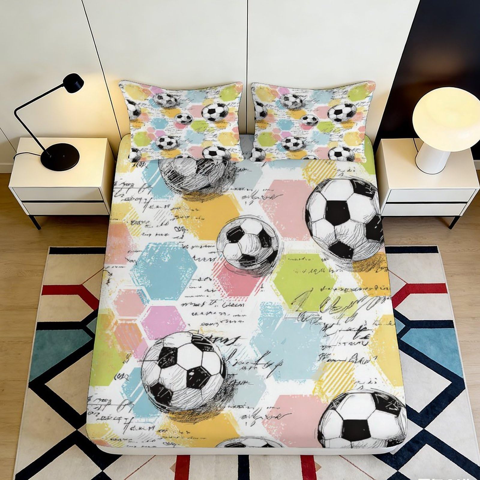3D Printed Football Graffiti Fitted Sheet Microfiber Soft Anti-Slip Pastel Soccer Mattress Cover for Bedroom Dorm Room 140x200x25cm