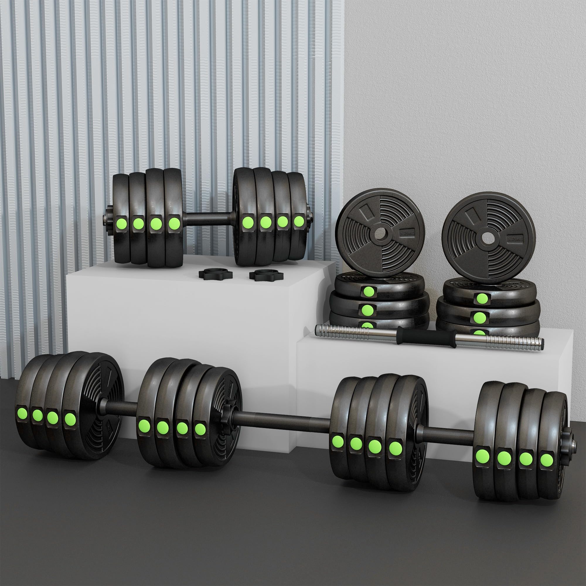 SPORTNOW Haltères 2 en 1 réglables, haltères libres avec poignées antidérapantes, 20/25/30 KG - Barres incluses - entraînement Musculaire & haltérophilie noir et vert