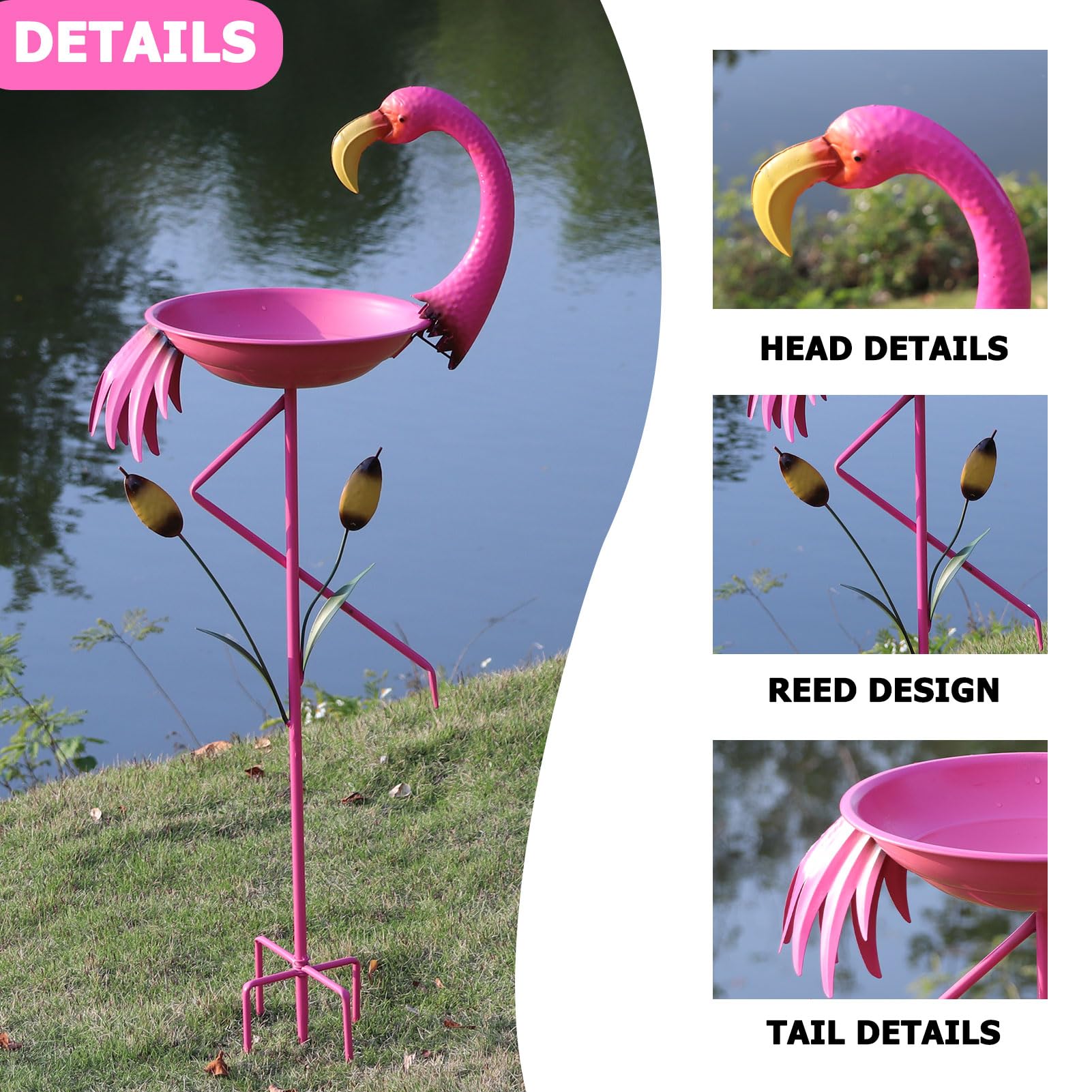 Baño para pájaros de flamenco, de 31 cm de profundidad x 114 cm de alto, baños de metal para pájaros para exteriores, comedero para pájaros con estaca de 5 puntas para decoración de jardín