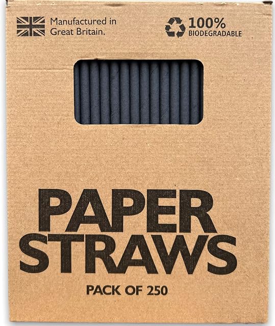 Solid Black Paper 250pcs (200mm x 6mm) Made in UK - Biodegradable Straws (Solid Black)
