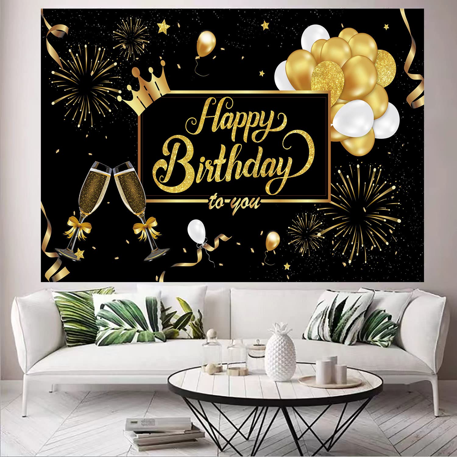 Happy Birthday Foto-Hintergrund 3x2,5 M – Schwarz-gold, Polyester, Waschbar