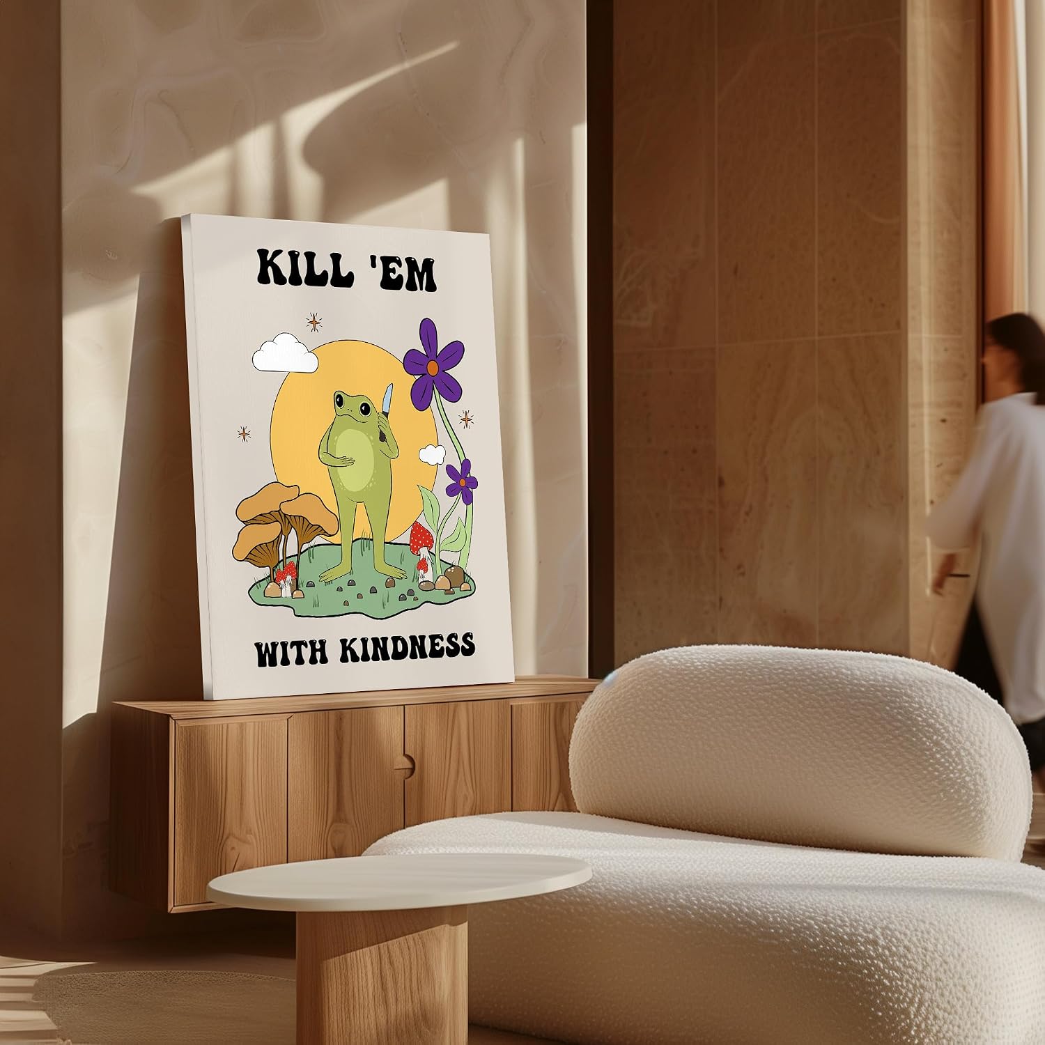 Poster Master Kill Them With Kindness Canvas - Retro Frog Print - Kindness & Floral Art - Encouraging Art - Preppy Art - Funny Dorm or Living Room Wall Decor - 8x10 STRETCHED Canvas