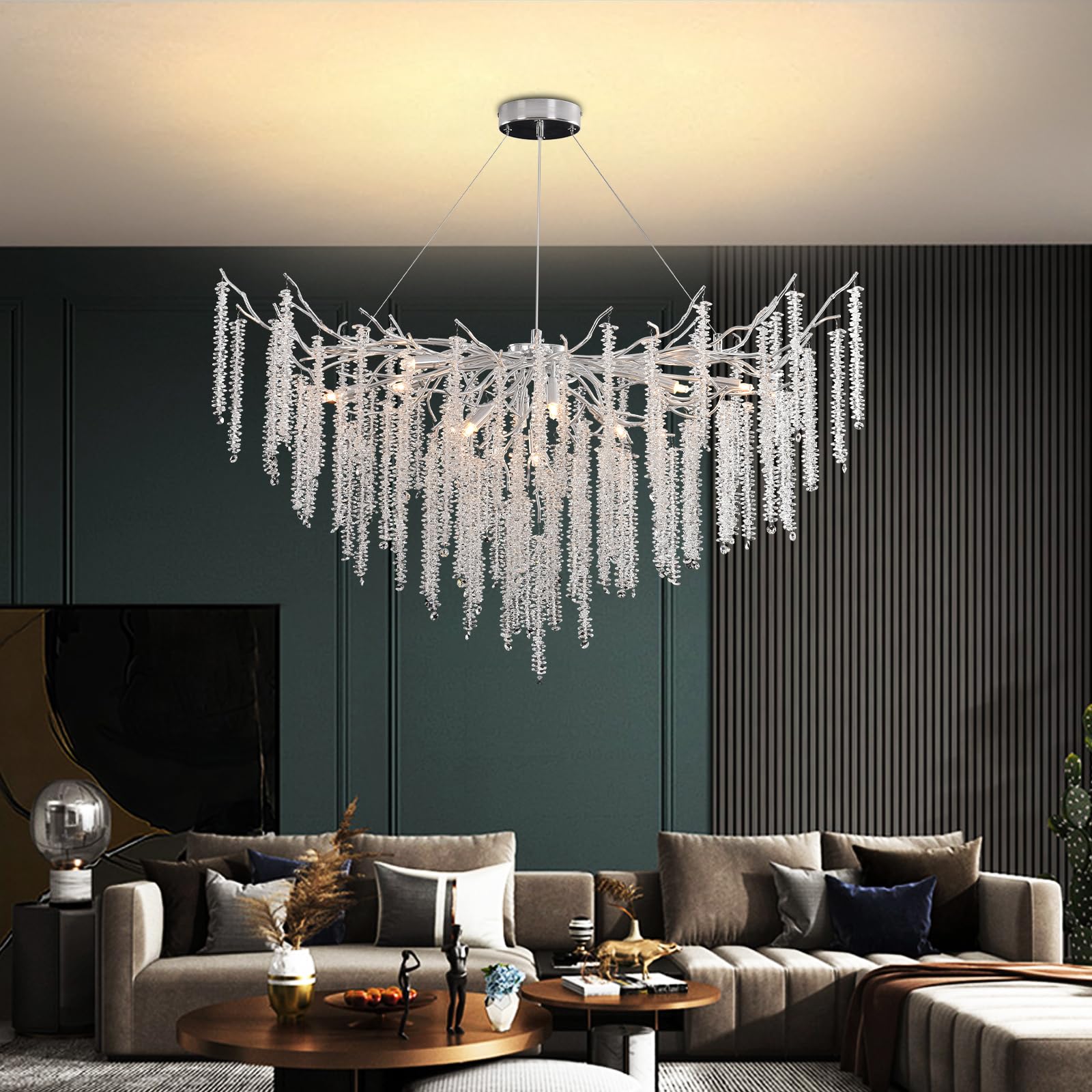 Luxe Lampe à Pendentif en Cristal, Avec branches d'arbre Lustre en Cristal for salle à manger, cuisine, salon, chambre à coucher