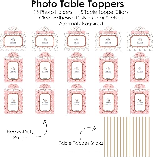 Miniatura 5 de Big Dot of Happiness 50 cumpleaños de oro rosa rosa  Palitos de centro de mesa para fiesta de feliz cumpleaños  Decoración de mesa de fotos  15