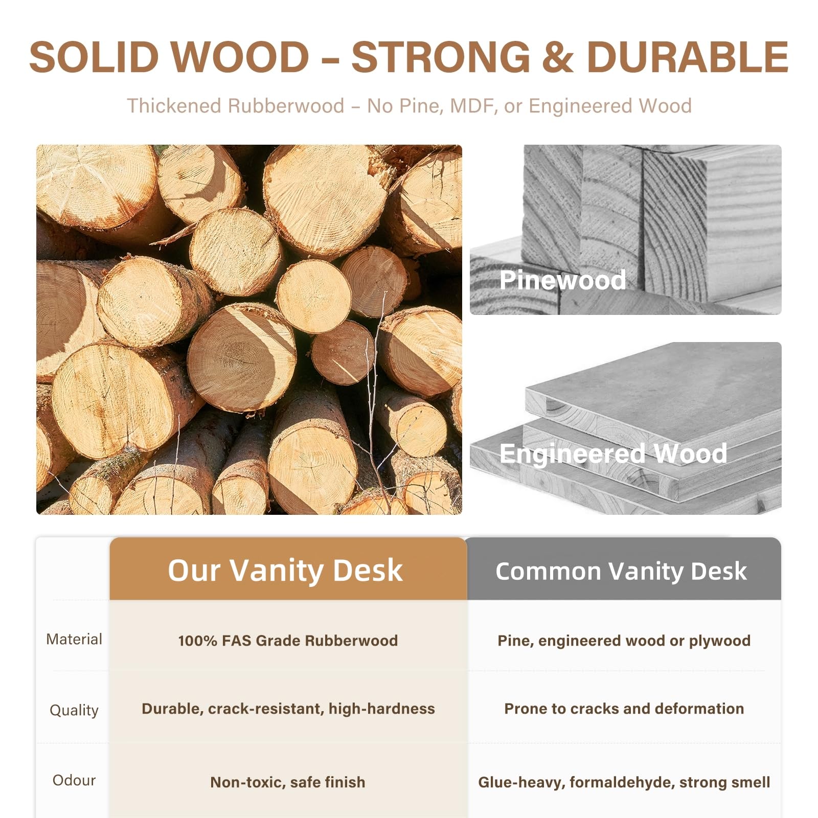 Escritorio pequeño de madera maciza con espejo abatible, luces ajustables de brillo, tocador compacto con parte superior de vidrio y cajones, tocador delgado para espacios pequeños, dormitorio 3