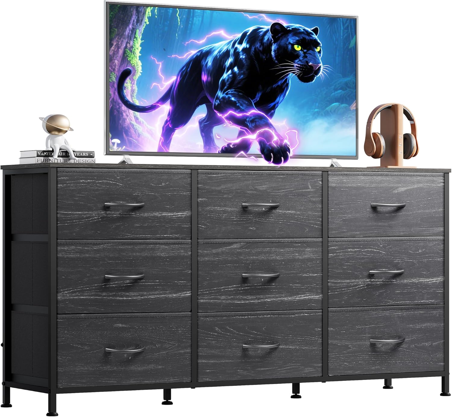 WLIVE 63''W Dresser for Bedroom, Dresser TV Stand for 65, 70, 75 inch TV, Wide Chest of Drawers with 9 Drawer, Large Entertainment Center, Fabric Dressers with Wood Top for Living Room, Rustic Brown