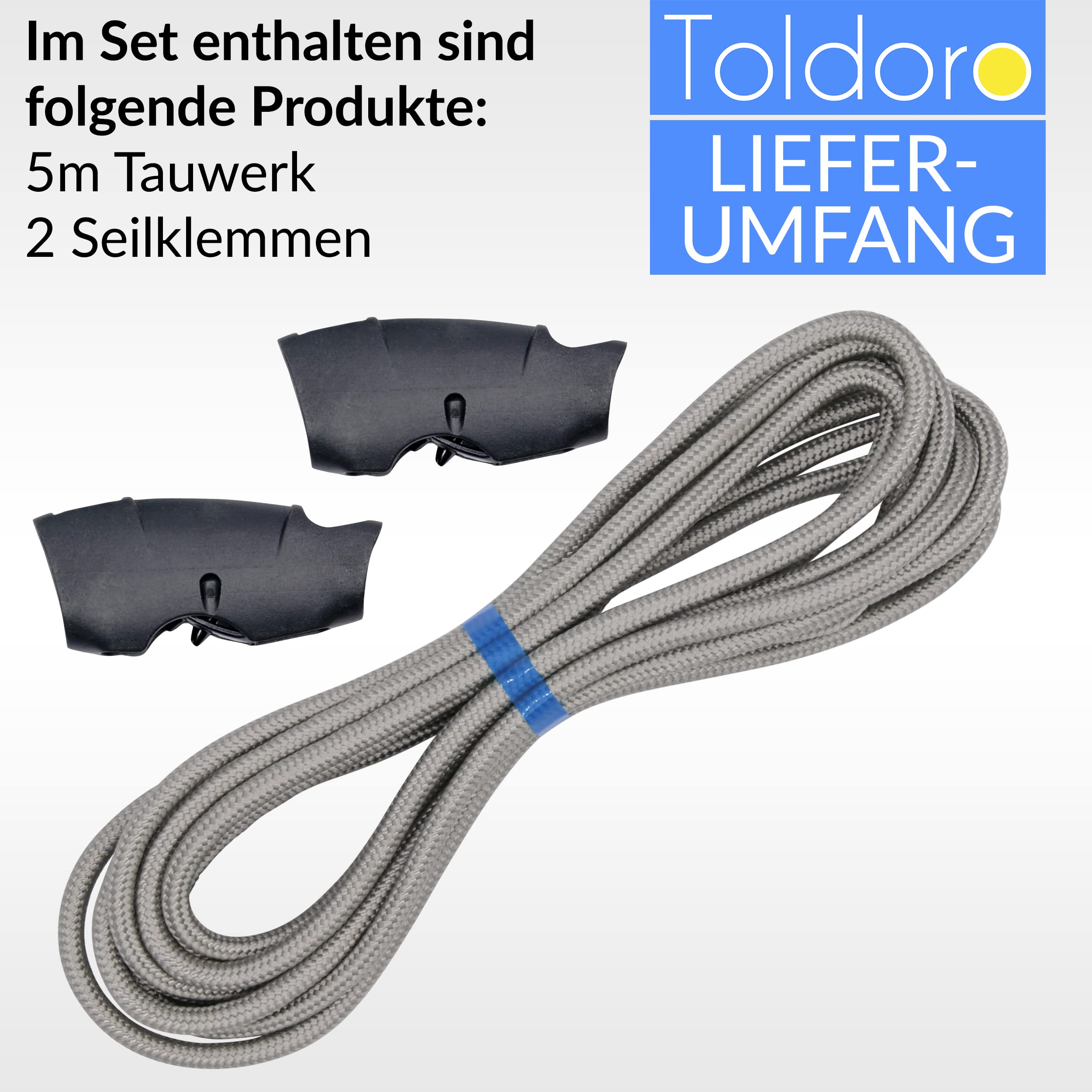 Toldoro Corde Polyester 5m X 6mm Gris - Corde Parasol Robuste Charge Rupture 800kg / 1050 DaN