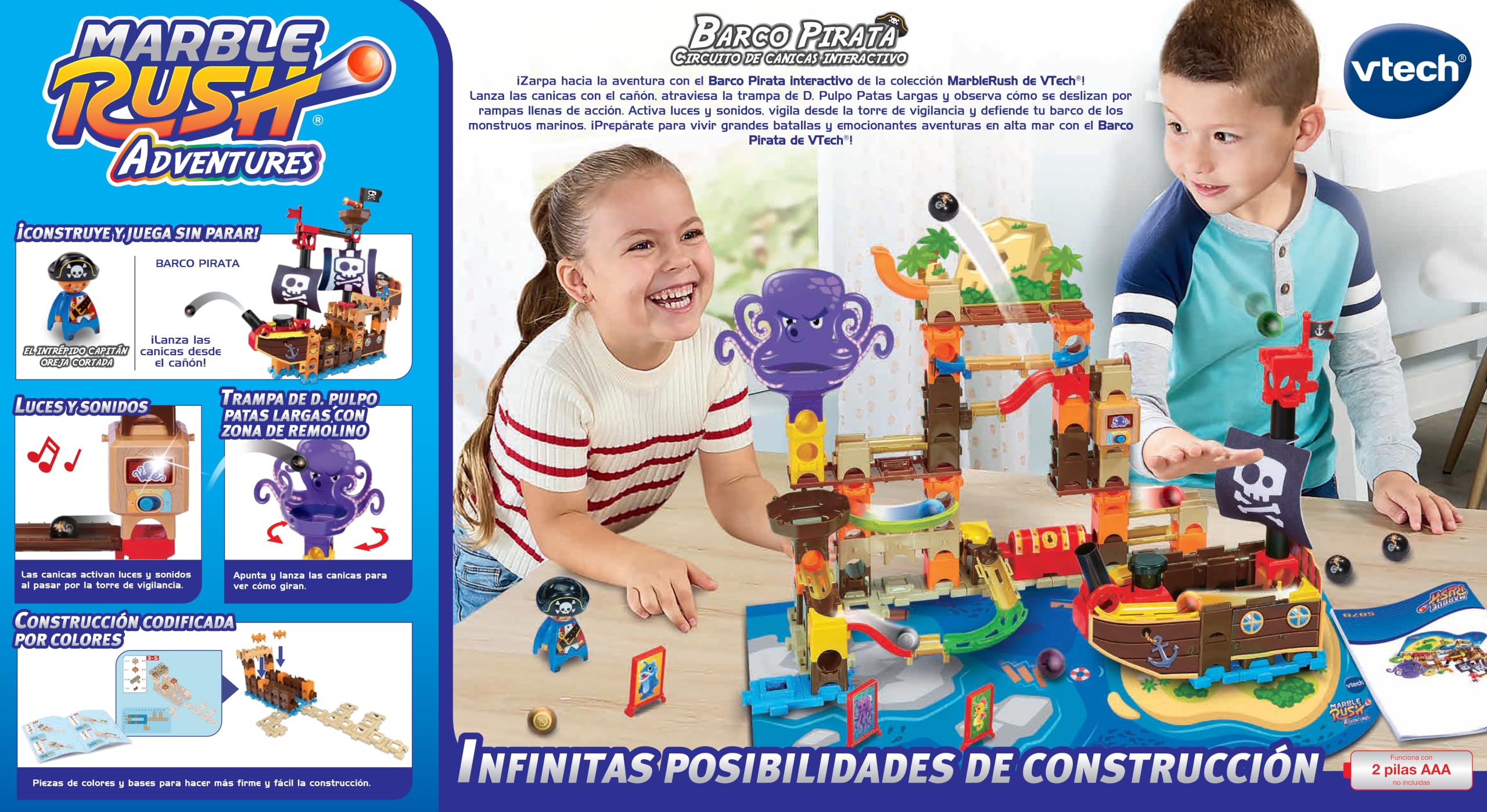 VTech - Marble Rush Barco Pirata, Circuito de canicas Interactivo, Juguete para niños +4 años, Versión ESP
