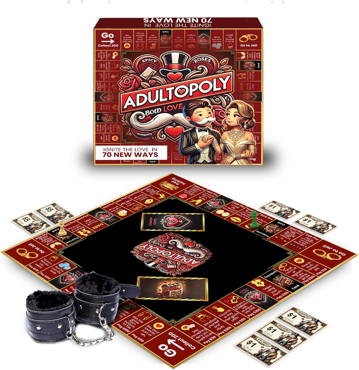 Adultopoly with Handcuffs – a Romantic Spin on The Classic Board-Game. Playful Date Night Games for Couples to Spark Romance, Fun, and Deeper Connection. The Ultimate Adultopoly Board Game