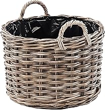 Kobolo ZELENA Plant Basket 42 x 42 x 35 cm, Round, Grey Rattan Basket with Foil & Handles, Decorative Planter for Plants, Herbs, Garden, Balcony, Patio, Indoor and Protected Outdoor Use