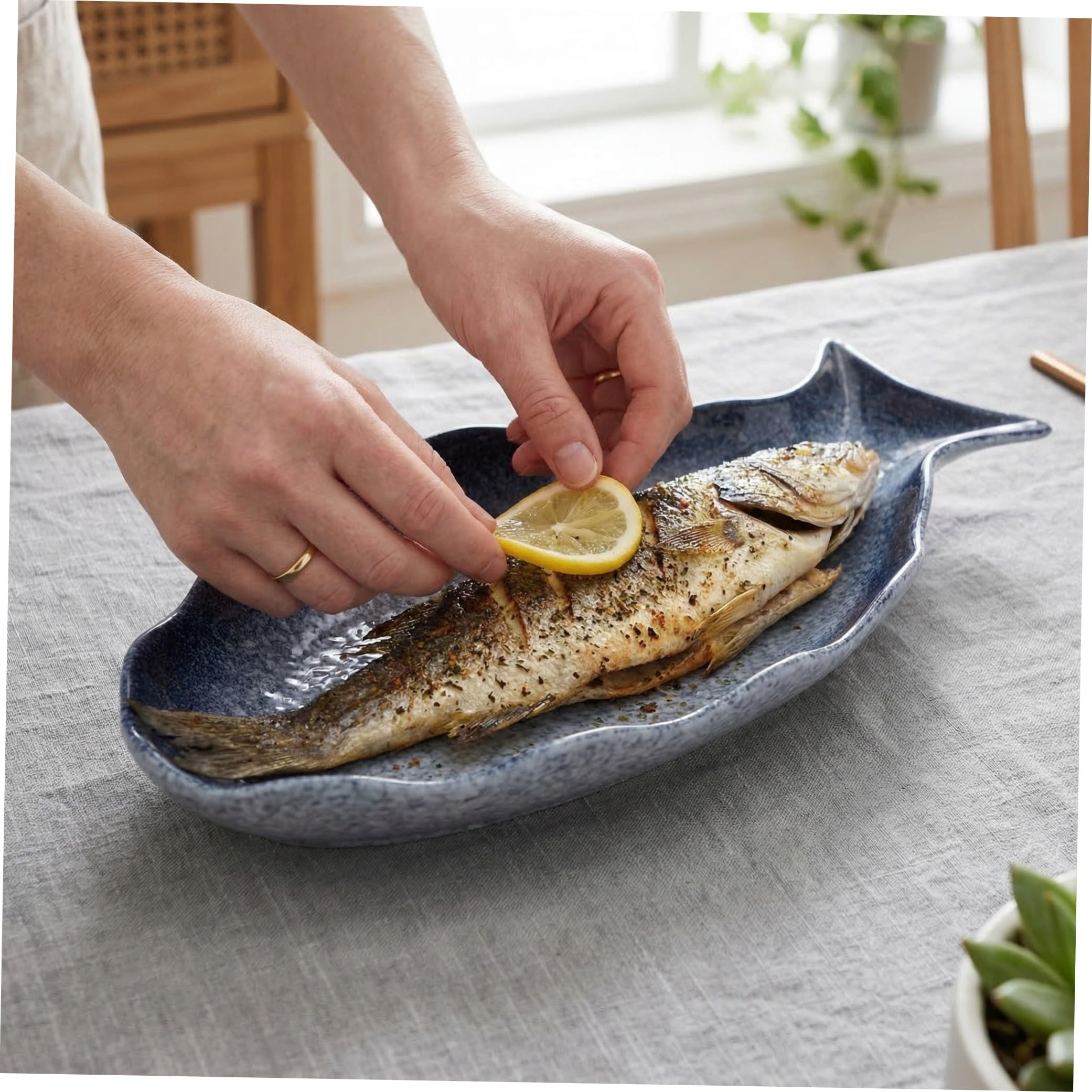 Plato de Cerámica para Pescado de 12 Pulgadas Azul | Forma de Pez, Vajilla para Cocina y Mesa Festiva, Bandeja para Marisco y Aperitivos