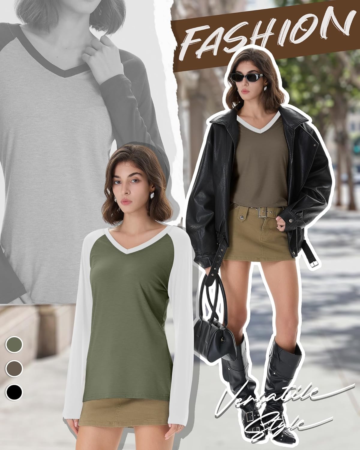 3 Pack Women's V Neck Long Sleeve Shirts, Raglan Color Block Tees Baseball Style Loose Casual Tops - Image 3