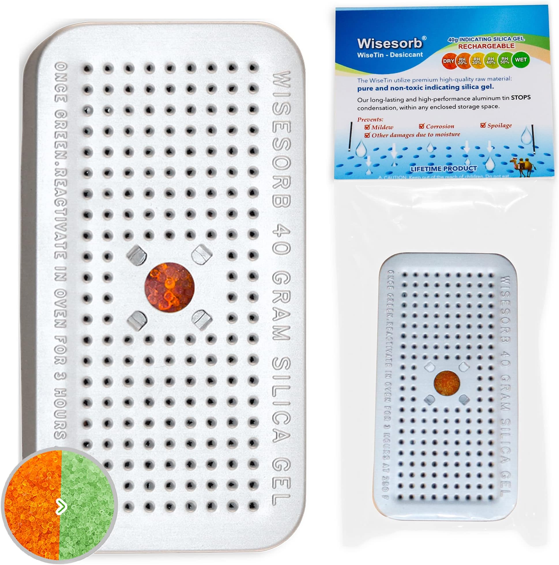 Wisesorb 40g Indicating Silica Gel Dehumidifier Desiccant Tin Canister, Wisetin Orange to Green Color Changing, SG-40 No Cobalt (II) Chloride-Reusable (Pack of 1)