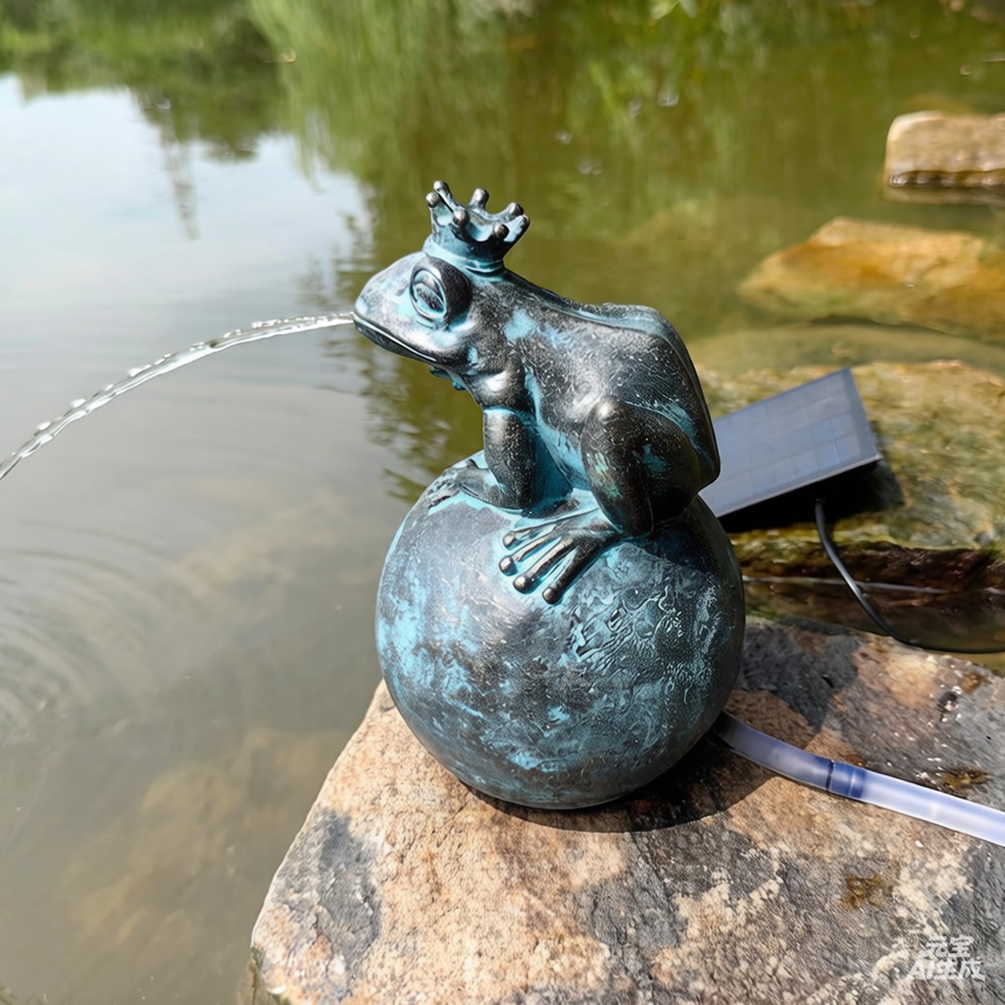 Spitter d'étang, Fontaine de Grenouille Spitter d'étang à énergie Solaire Couronne Grenouille résine décor Accessoire extérieur (4, 7x4, 7x8, 3 Pouces), Fontaine