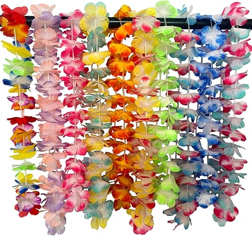 Miniatura 4 de 100 unidades de flores hawaianas Leis para decoraciones de fiesta temática Luau, juego a granel de collar de flores de seda Leis temática tropical,