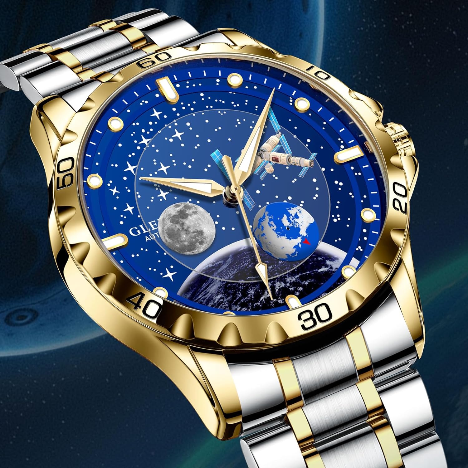 Mechanical Automatic Watches for Men-Blue Rotating Little Earth, Luminous Dial with Starry Sky Moon Phase, 3ATM Waterproof Steel Strap Wrist Watches