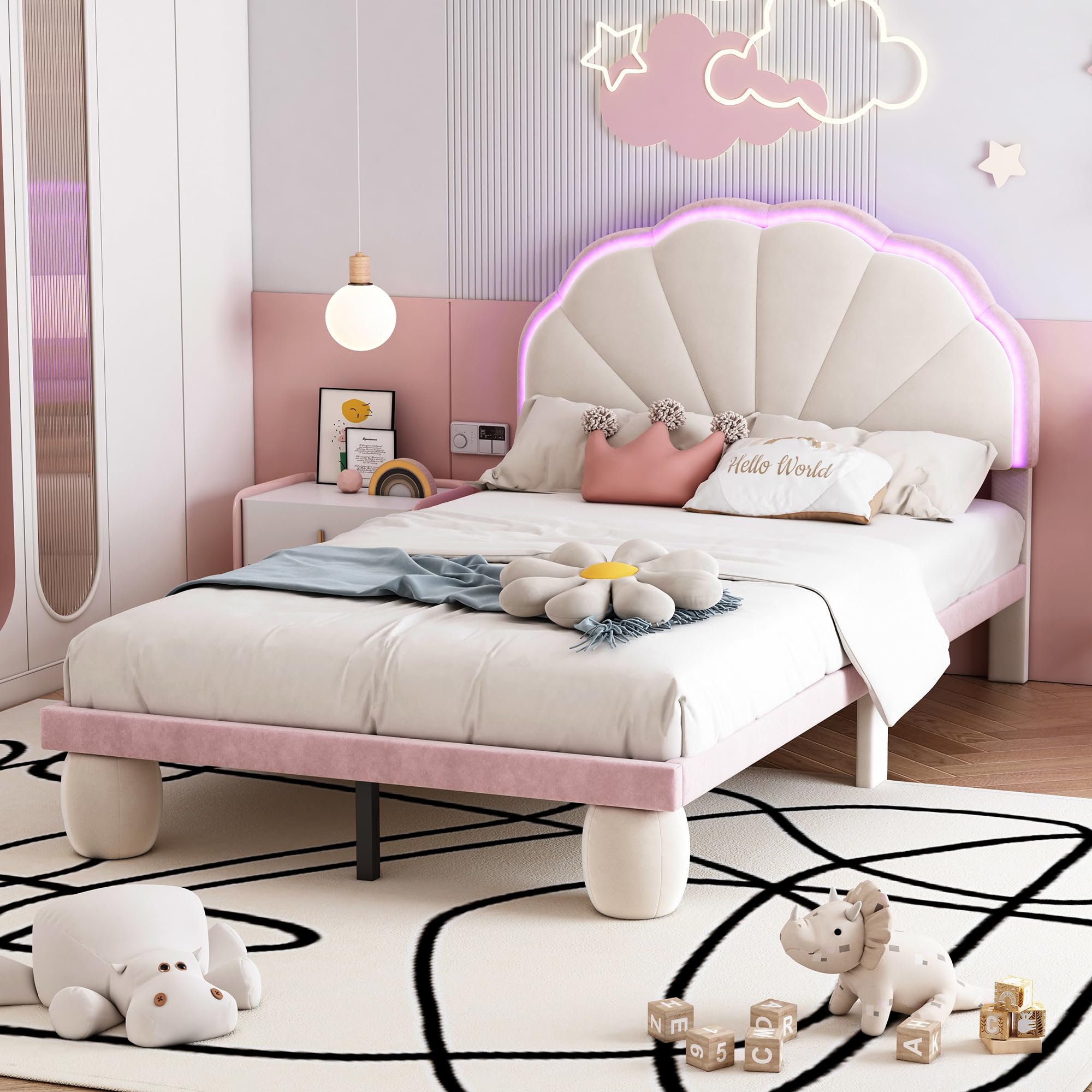 Cama tapizada LED para niños: cama individual de terciopelo en beige y rosa, 90 x 200 cm, con cabecero ondulado, tiras de luz que cambian de color y patas acolchadas, habitación infantil de cuento de