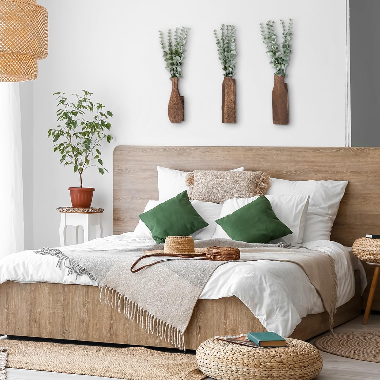 Kathfly 3 Pcs Wood Wall Planter with Artificial Eucalyptus Rustic Spring Farmhouse Vase Wall Art Wooden Decor Hanging Boho Farmhouse Indoor Greenery Decor for Dining Room Living Room Bedroom Office