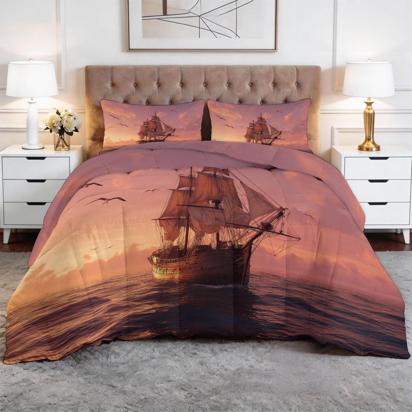 Genérico Komfortowa kołdra 220 x 240 cm styl żeglarski zwierzęta mewy żaglówki Edredon nadruk z wypełnieniem z włókna, nordycka zimowa miękka, lekka, dwustronna i oddychająca, różowa