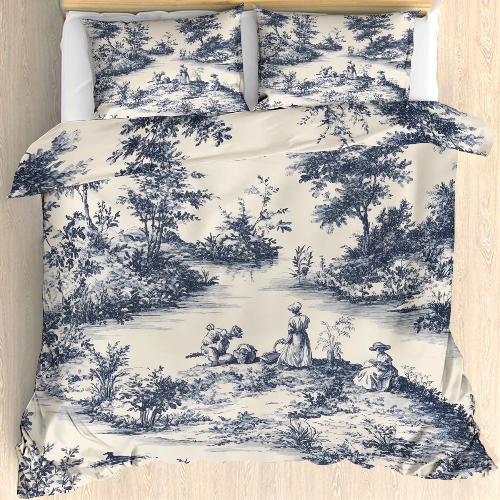 Maohryzed Toile De Jouy Style Bedding Sets Double Size - French Country Duvet Cover Set with 2 Pillowcases - Damask Quilt Cover 200x200cm - Comfortable Microfibre Reversible Bedding Bed Cover
