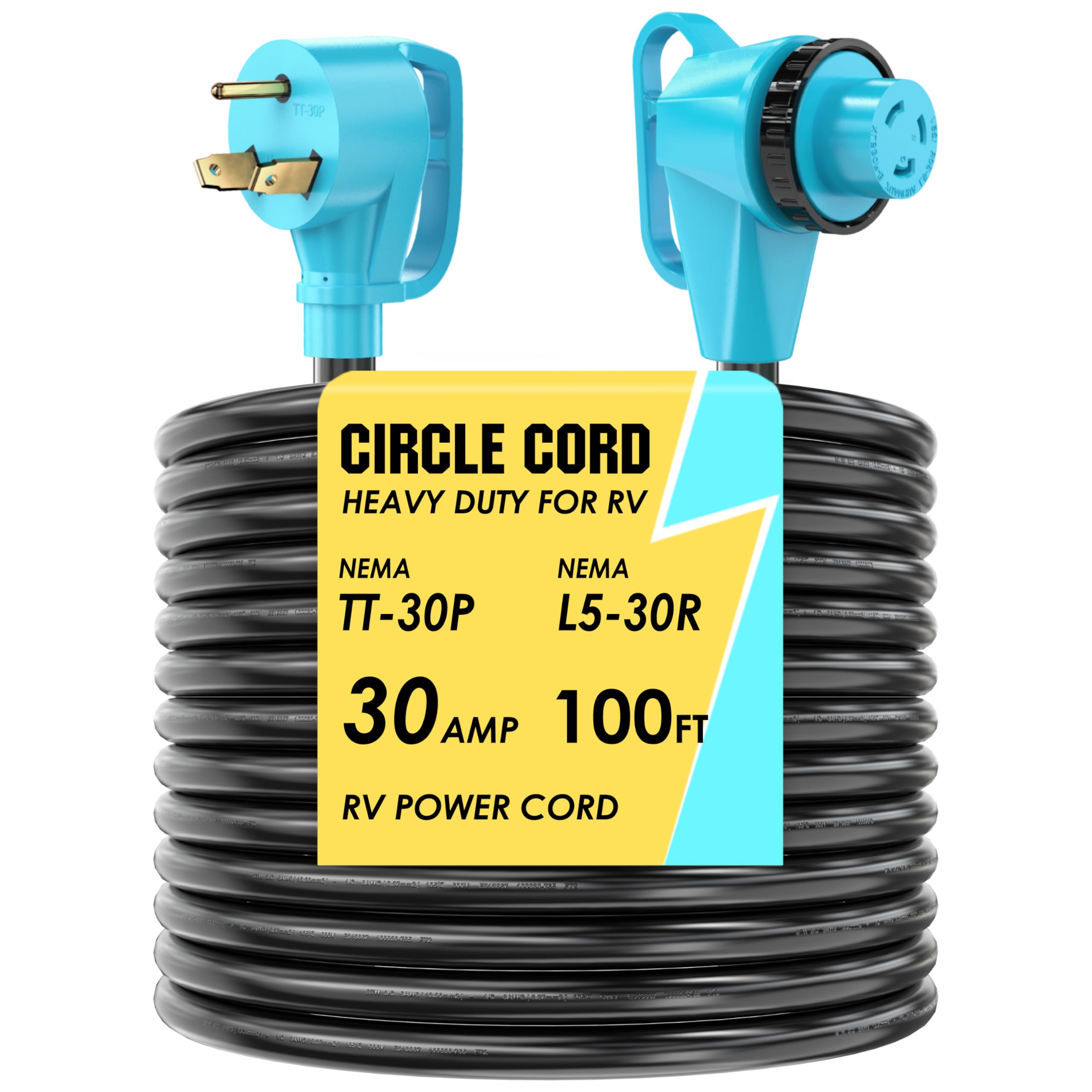circlecord 30 amp 100 feet rv power cord with 90° right angle twist locking, heavy duty 10 gauge stw pure copper wire with grip handle, tt-30p to l5-30r with cord organizer for rv trailer campers