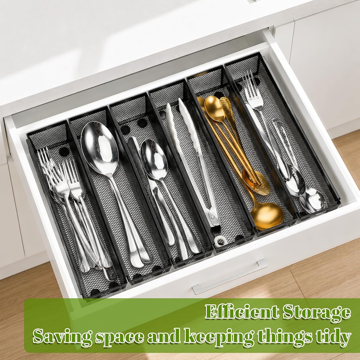 6 Pcs Utensil Drawer Organizer for Kitchen, Mesh Silverware Drawer Organizer with Interlocking Arm, Silverware Organizer for Drawer, Metal Utensil Organizer for Flatware (12" x 3" x 2" Black)