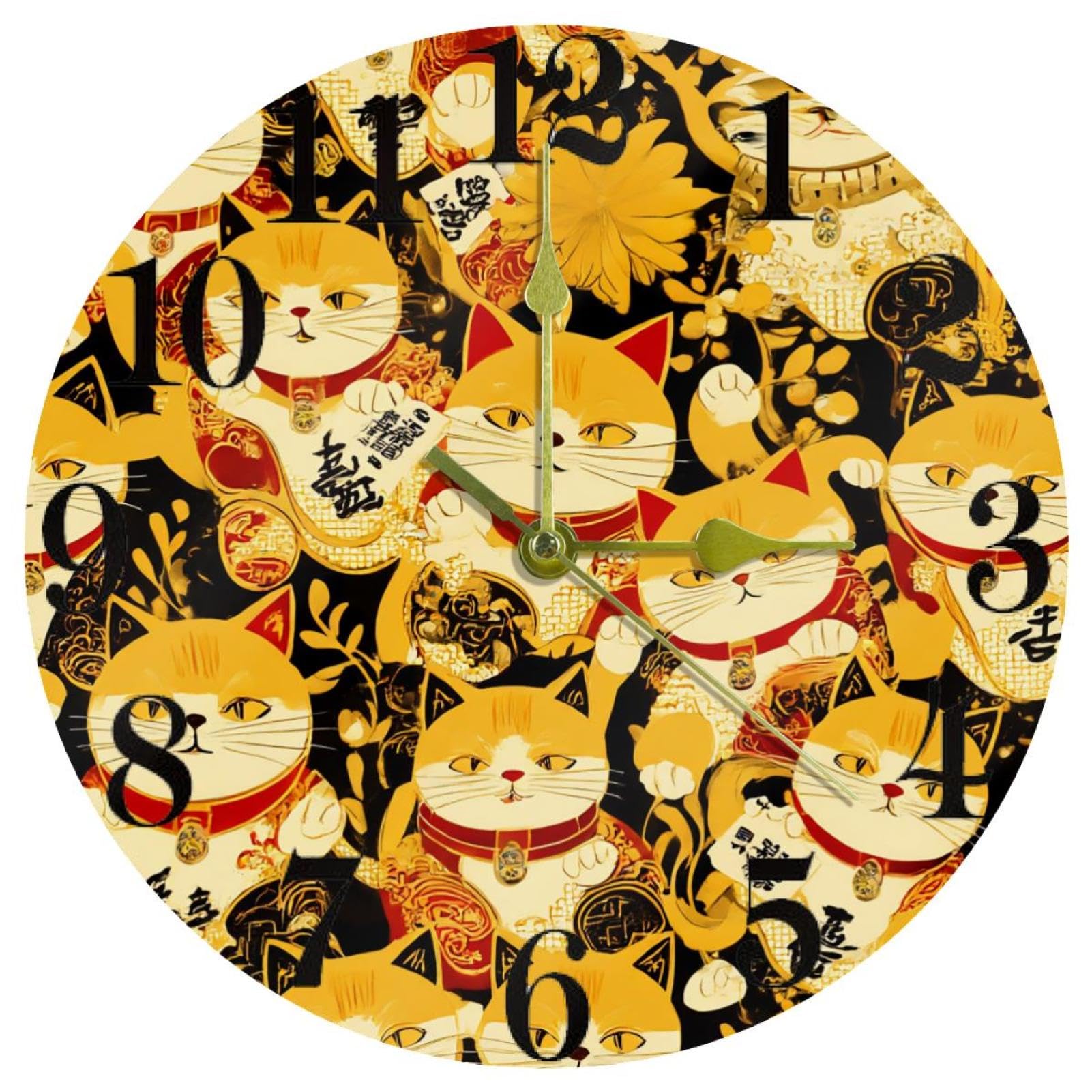 Horloge murale dorée chats chanceux pour retrouver le calme sans tic-tac à la maison