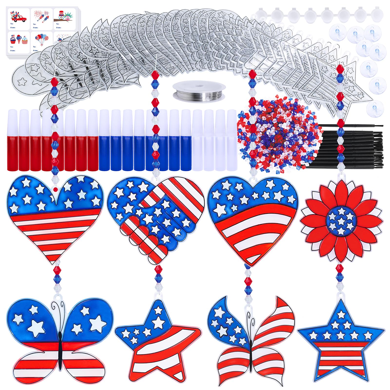 24 Sets Patriotic Suncatchers Ornaments Decorations DIY Window Paint Art Stickers Craft Kit American Star Heart Sun Catchers for Kids Classroom Patriotic 4th of July Activity Art Projects Party Favors