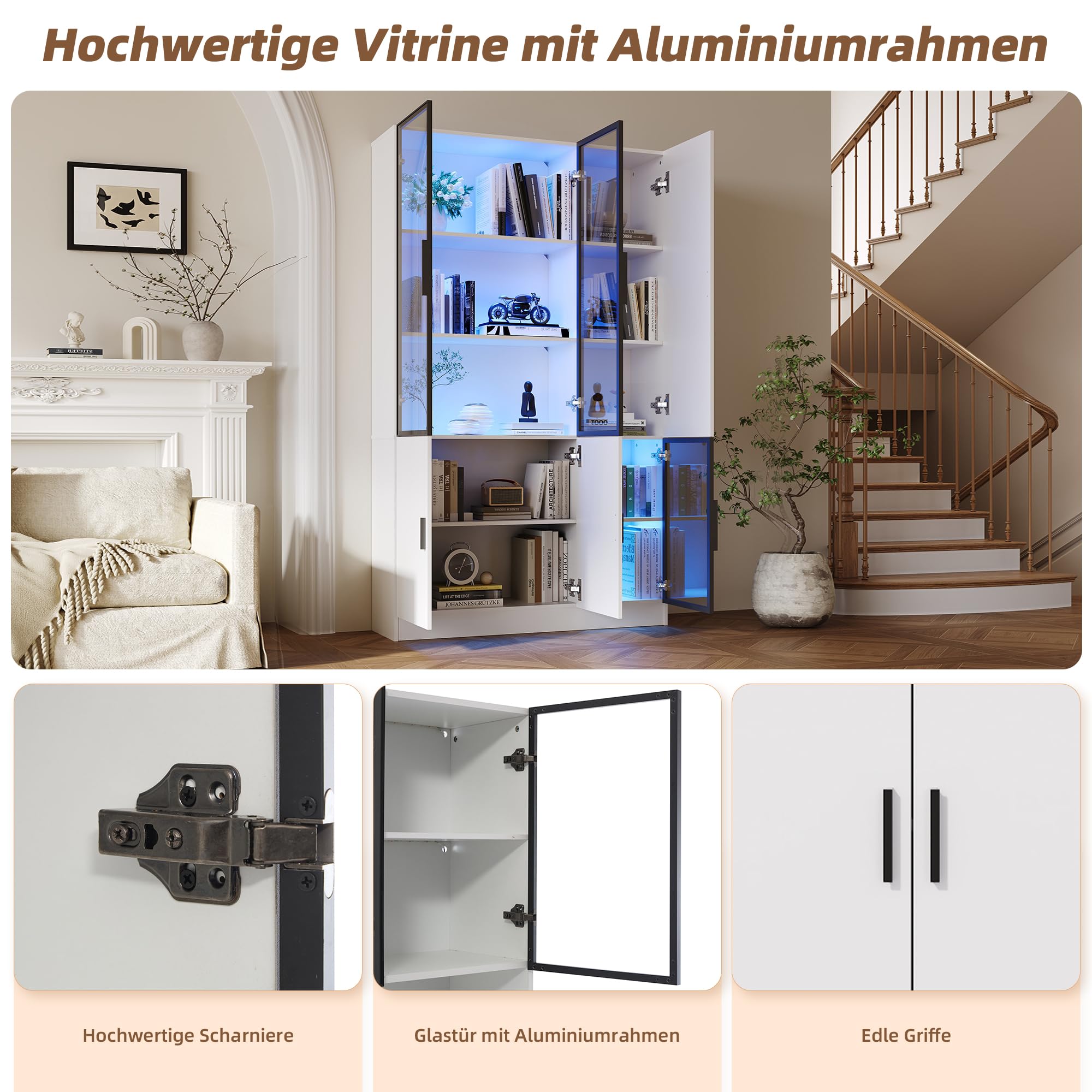 Glasvitrine Stehend, Glasschrank Tür 200cm Hoch, Vitrinenschrank Wohnzimmer mit LED-Lichtern, Wohnzimmerschrank, MultiStorage Bücherschrank für Küche, Esszimmer, Büro, Schlafzimmer, Weiß
