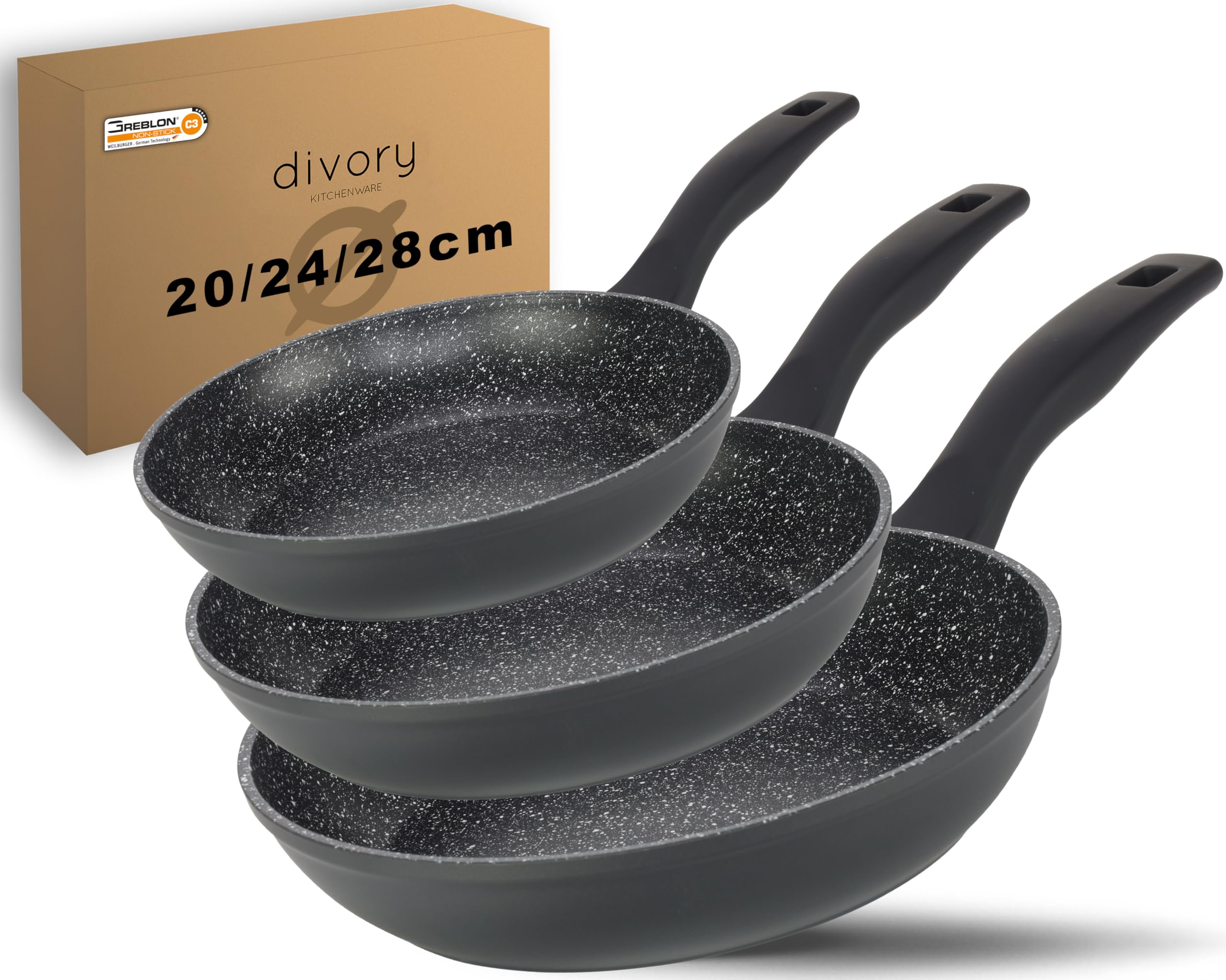 DIVORY Juego de sartenes de 3 piezas Sartén 20cm, 24cm, 28cm Inducción - Sartén universal grande con revestimiento antiadherente para todo tipo de cocinas - apto para lavavajillas (Mango: Negro)
