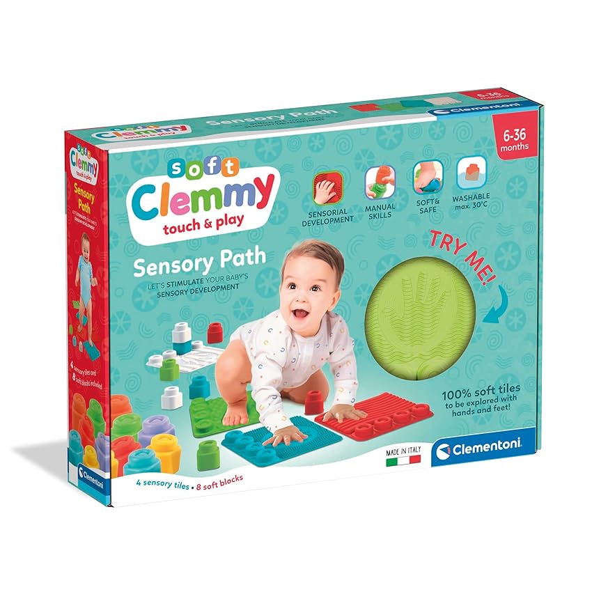 Clementoni Soft Clemmy - Touch & Play, Percorso Sensoriale, Tappeto Bambini 10-36 Mesi con Mattoncini 100% Lavabili, Gioco Prima Infanzia Made in Italy, per Sviluppare la Percezione Tattile, 17352