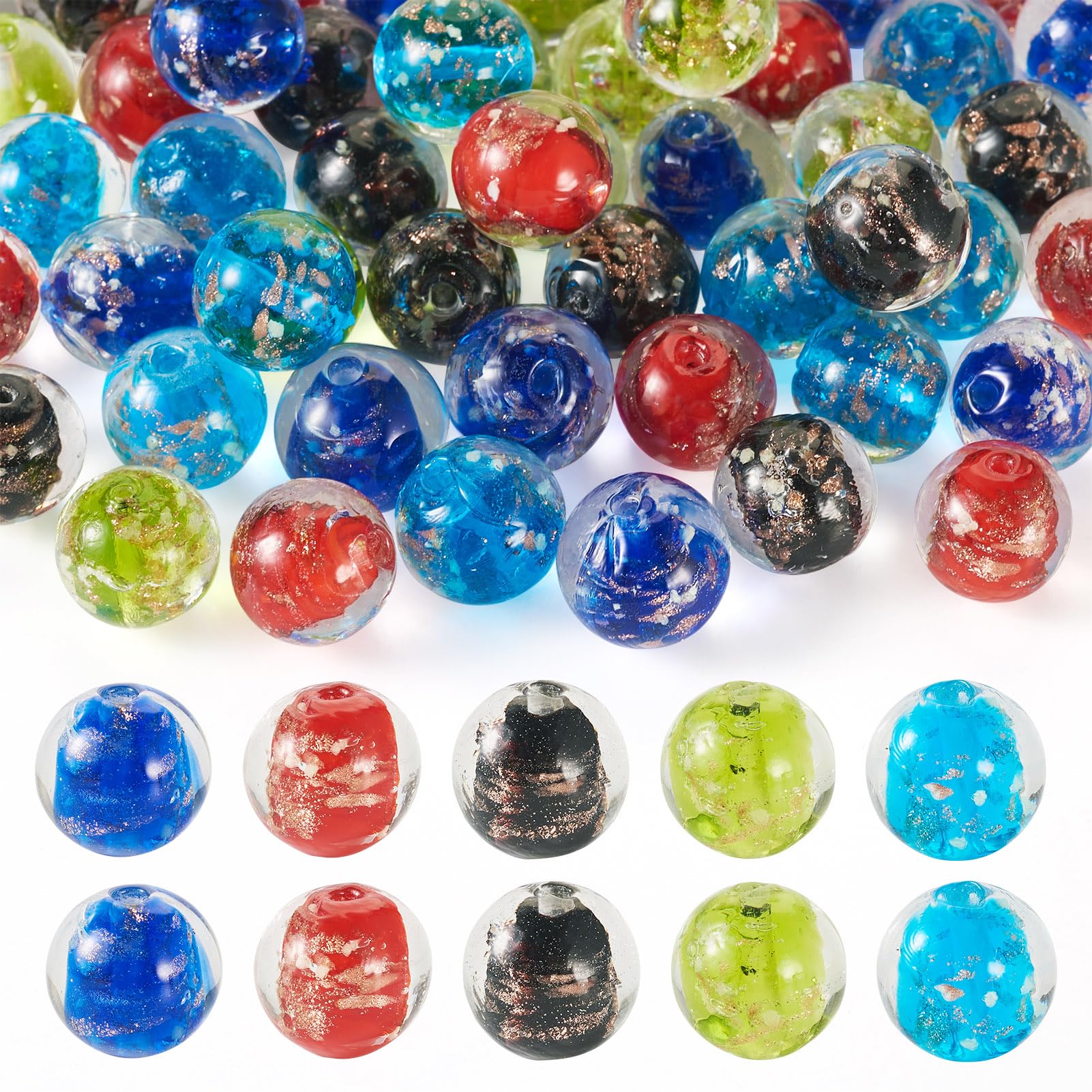 FASHEWELRY 50Pcs Glow in the Dark Lampwork Beads Luminous Gold Sand Lampwork Beads Handmade Round Glass Beads for Jewelry Making Charm Bracelet
