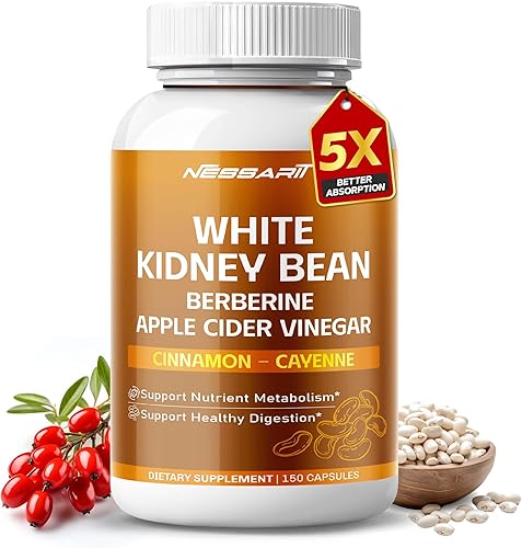 Frijol blanco, berberina, vinagre de sidra de manzana, canela y cayena – Apoya el metabolismo y la digestión saludable – 150 cápsulas – Fabricado en