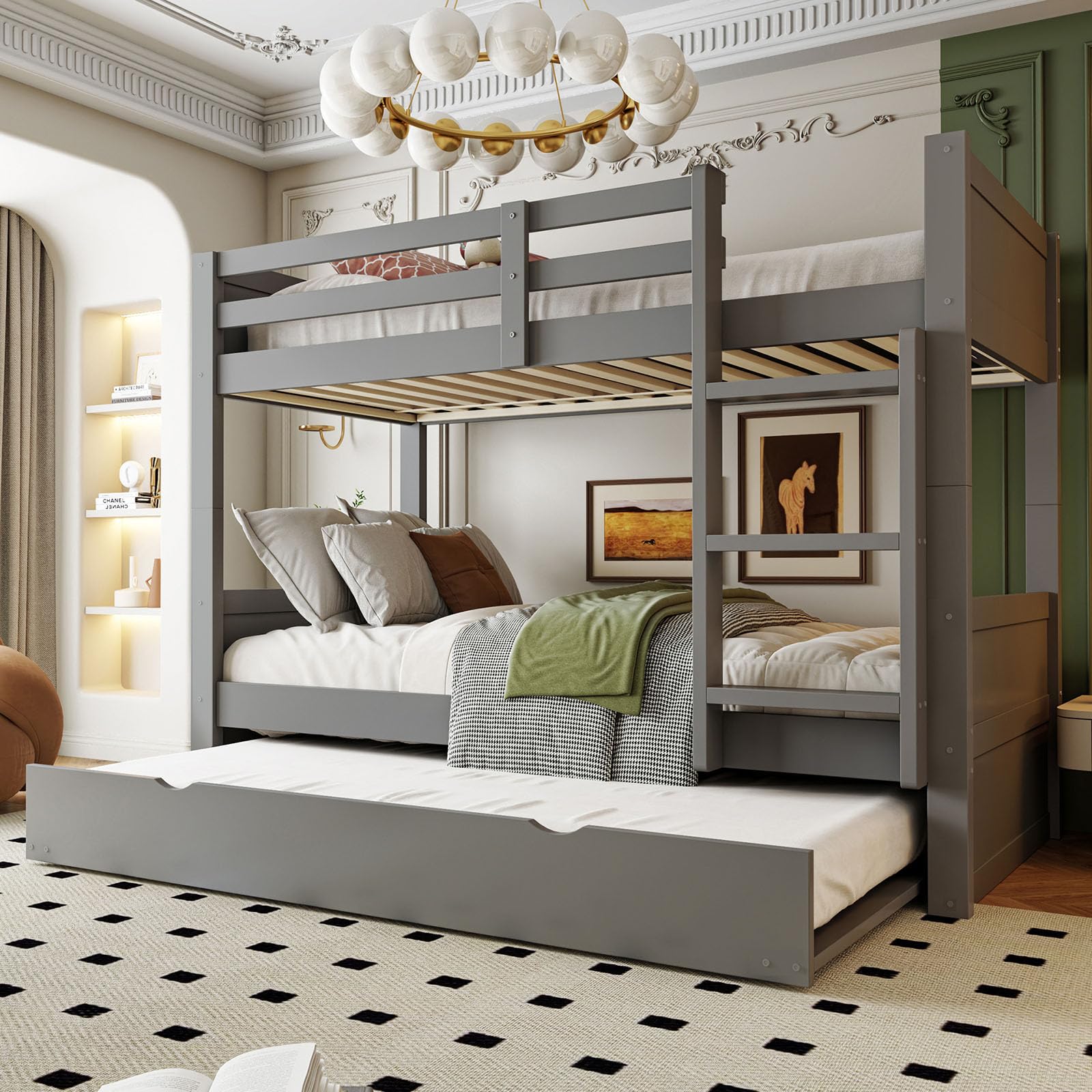 DHHU Lit superposé en Bois 90x200 cm 3 en 1 Convertible avec lit gigogne, barrière sécurité, échelle, sommier Lattes, Design scandinave, Chambre Enfant ado invité