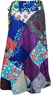 Mogul Interior Women's Wrap Around Skirts Cotton Blue Purple Patchwork Midi Skirts One Size