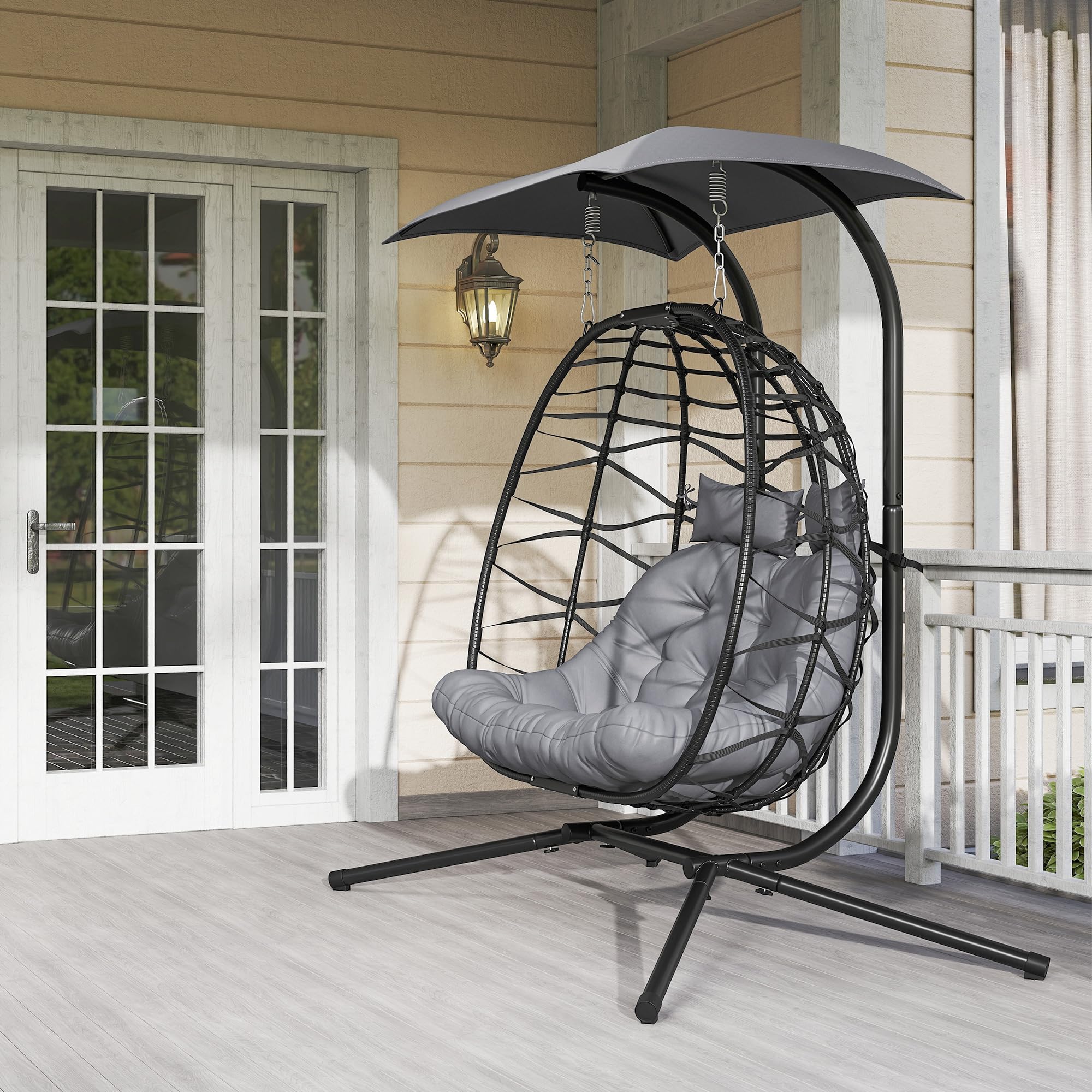 Outsunny Hängesessel mit Gestell faltbar für 2 Personen 260kg Dunkelgrau | Hängekorb mit Kissen, Sonnenschutzdach, Polyrattan Hängestuhl, Outdoor Hängeschaukel, Sessel für Balkon Terrasse