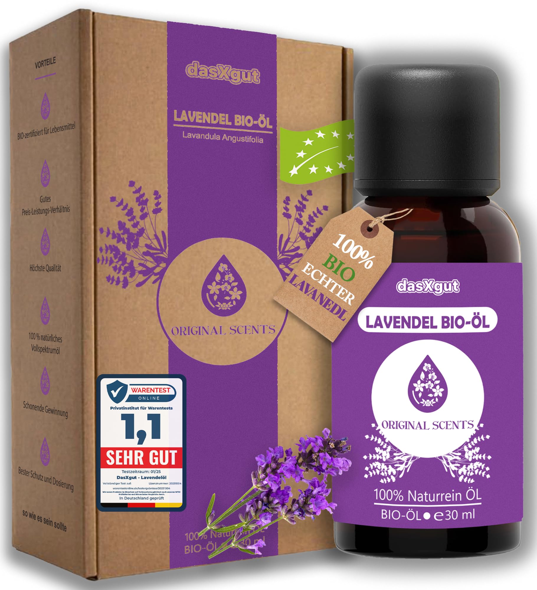 DasXgut – Lavendelöl 30 ml – [100% Naturrein] Bio öl Zertifiziertes Lebensmittel – Ätherische Öle – für Diffusor – Duftöl – Aromatherapie – Lavandula Angustifolia Der Echte Lavendel E5004111 BG-BIO-02