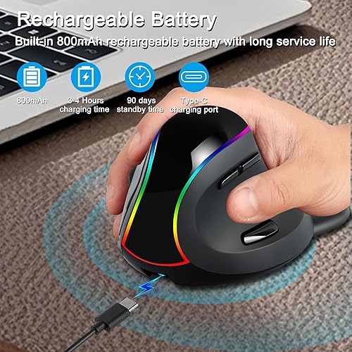Miniatura 6 de Ratón vertical inalámbrico RGB Tri-Mode (2.4G inalámbrico+Bluetooth+cableado) Ratón ergonómico con reposamanos extraíble 800-1200-1600-2400 DPI