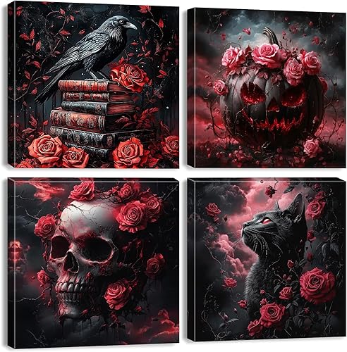 Lienzo gótico para pared, diseño de rosa romántica, decoración de pared de Halloween, pintura gótica oscura, gato negro, cuervo, calabaza, calavera,