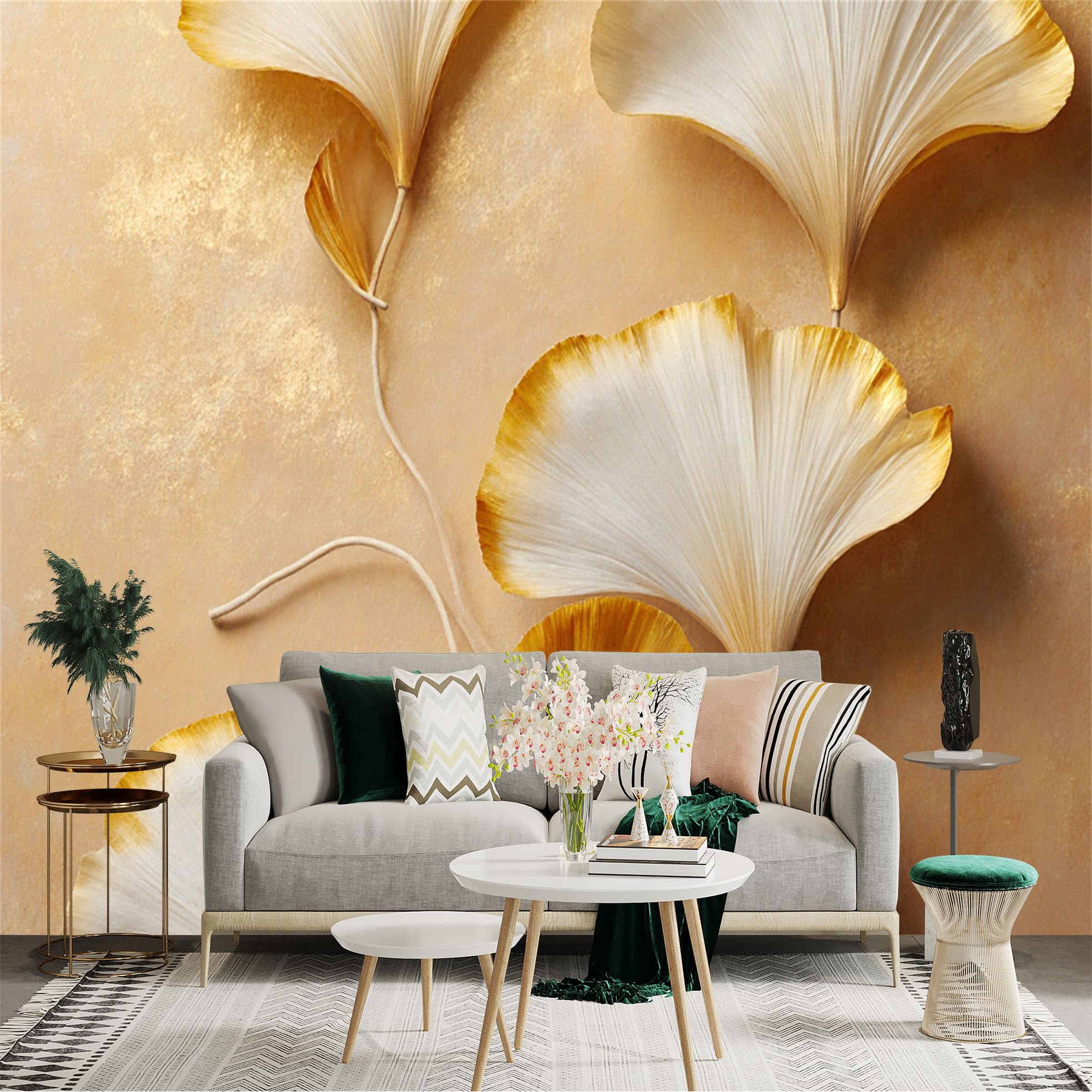 Custom Size Wall Sticker Mural， Elegant Golden Ginkgo Biloba Leaves， Modern Botanical Art， Luxurious Texture Background， for wall Decoration， peelandstick wall Decals.