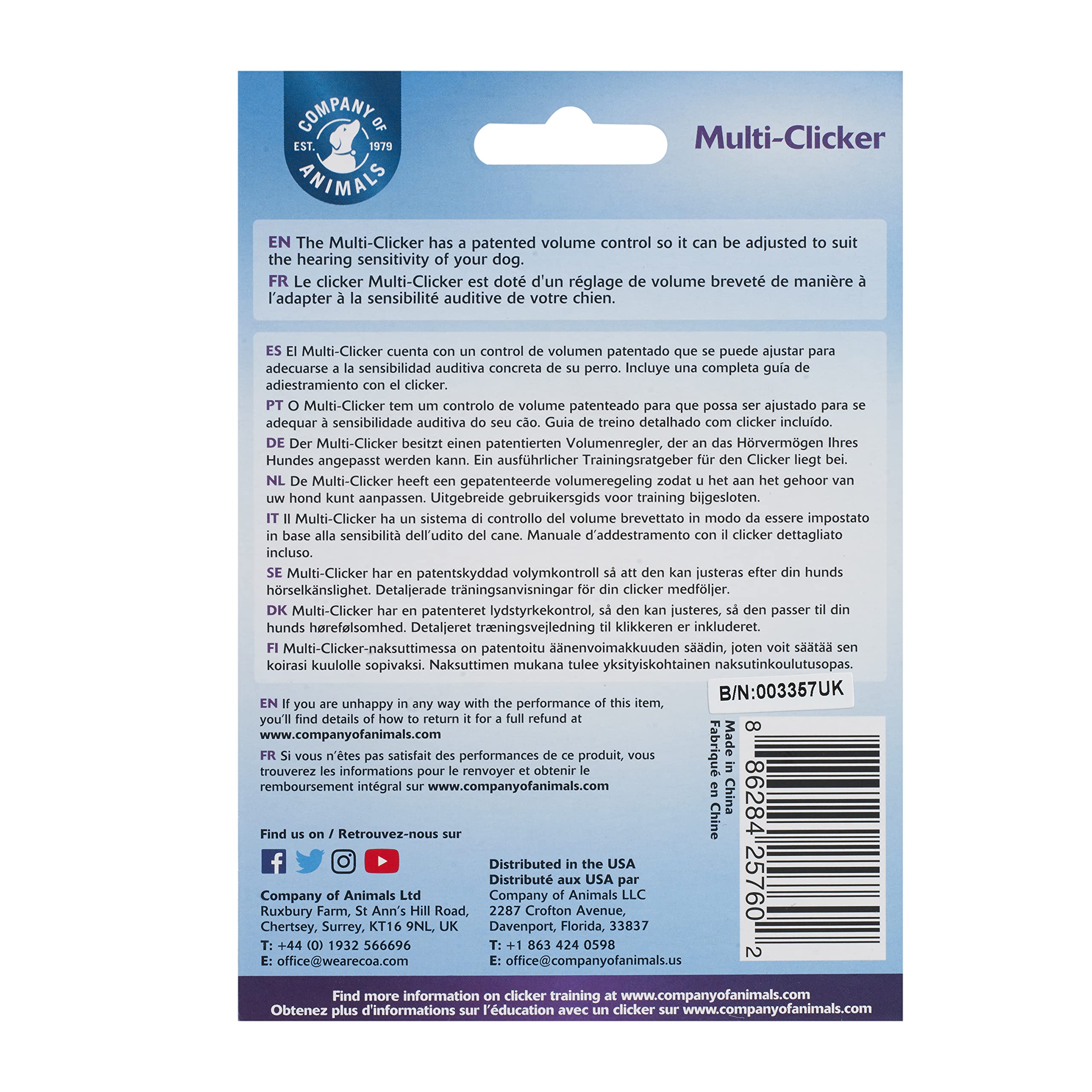 Multi-Clicker Company of Animals - Accessoire pour chien, contrôle du volume à 3 réglages, facile à cliquer, dragonne réglable, clicker pour chien, destiné au dressage, convient aux chiens et chiots