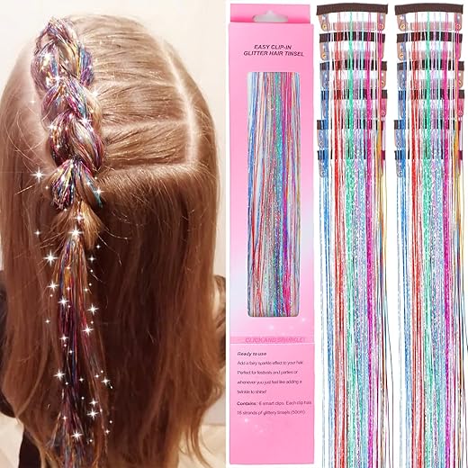 Clip in Hair Tinsel 12 Pcs for Girls 22 Inch Glitter Fairy Tinsel Hair Extensions Colorful Heat Resistant Party Festival Hair Accessories for Women Kids (7- Colors)